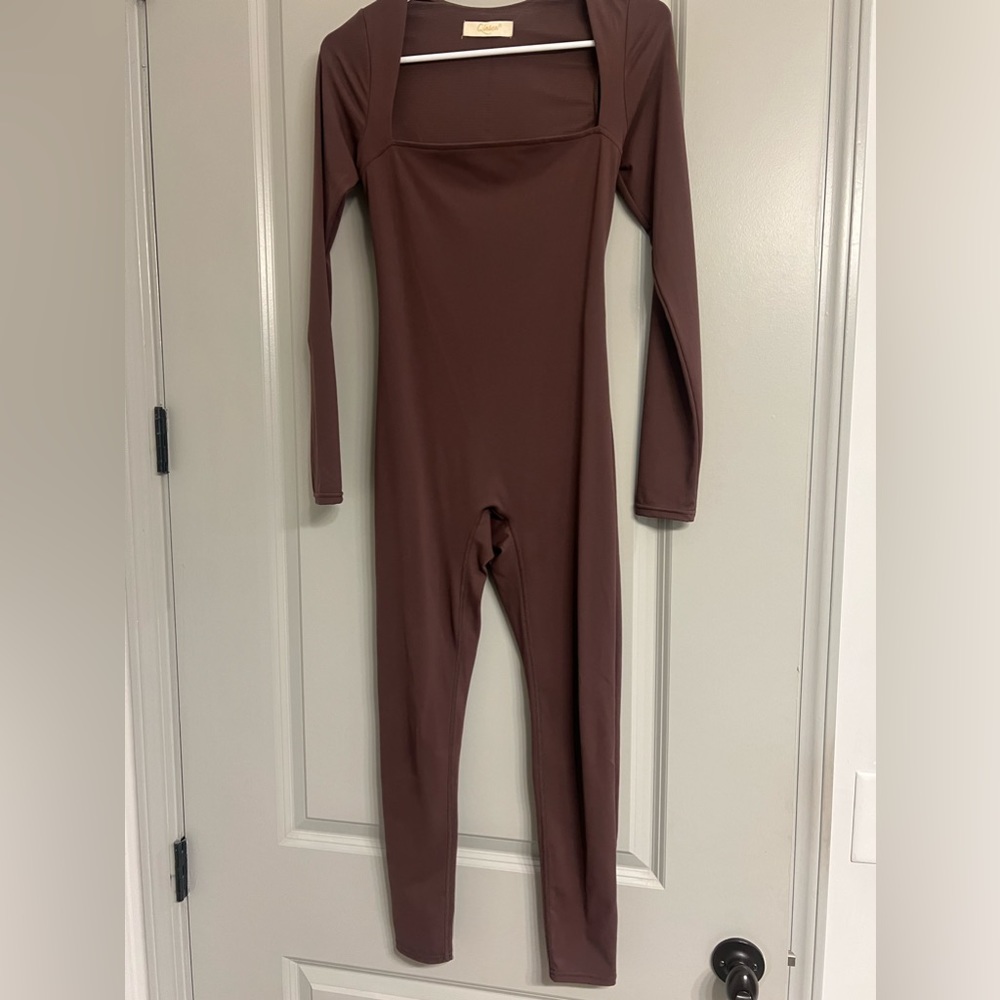 Brown full length long sleeve jumpsuit